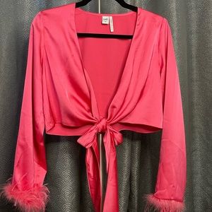 SOLD Twik Pink Crop Top - Tie Up Crop Top - Barbiecore - Feathers